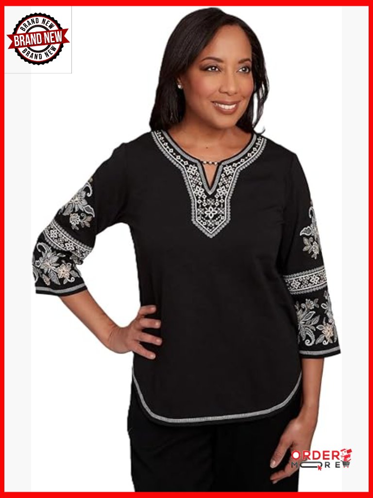 Beaded Neck Embroidered Sleeve Pullover Top - 3/4 Sleeve Scoop Neck